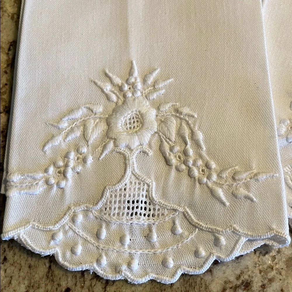 Embroidered White Linen Hand Towels set of two NWOT